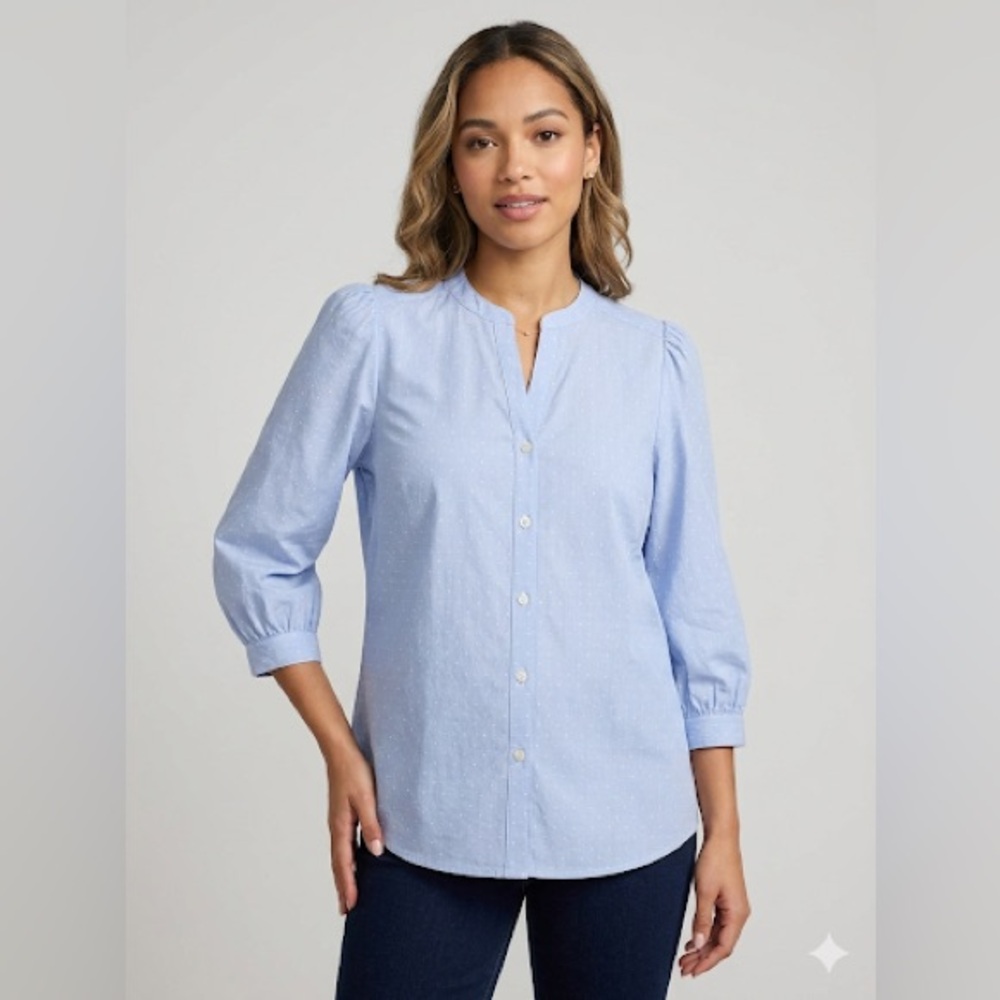 NWT J. McLaughlin Blue and White Swiss Dot Blouse XL 3/4 sleeve
